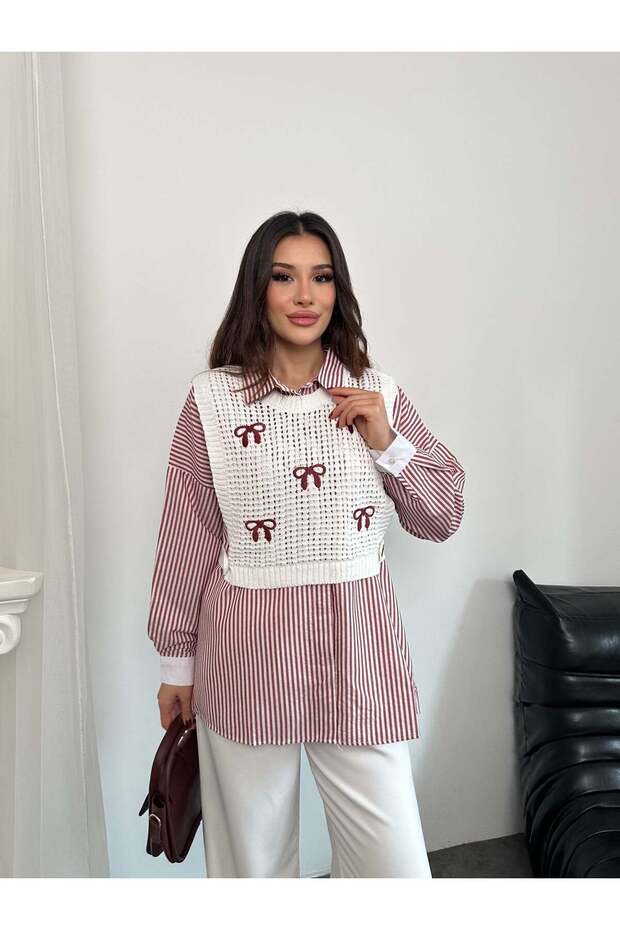 طقم مكون من قميص مخطط وسترة مطرزة بفيونكة 0241 - أحمر