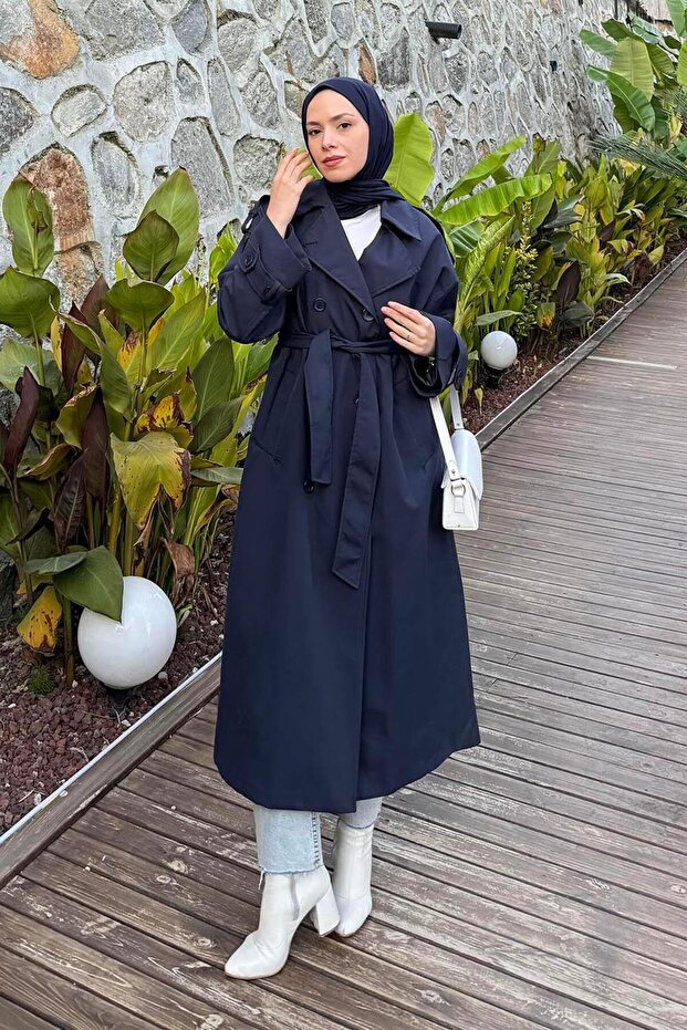 Premium Trench Coat with Shoulder Epaulettes Navy Blue