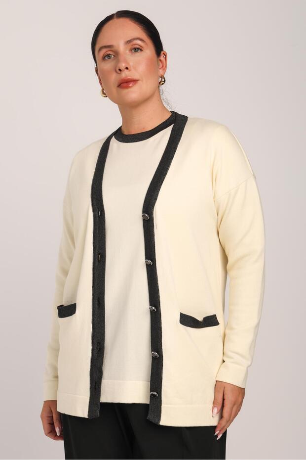 Women's White Glitter Collar Buttoned Comfortable Cut Pocketed Knitwear Cardigan