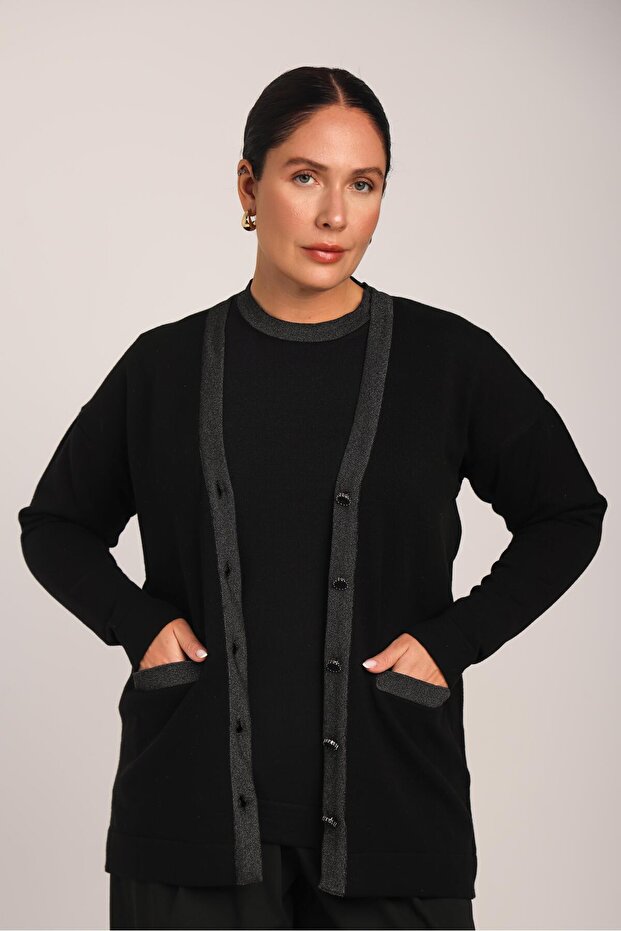 Women's Black Glitter Collar Buttoned Comfortable Cut Pocketed Knitwear Cardigan
