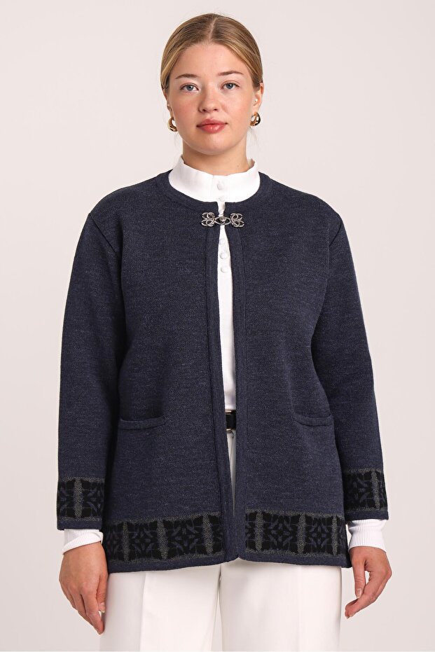 Women's Navy Blue Plaid Patterned Pocketed Hooked Hatshu Knitwear Cardigan