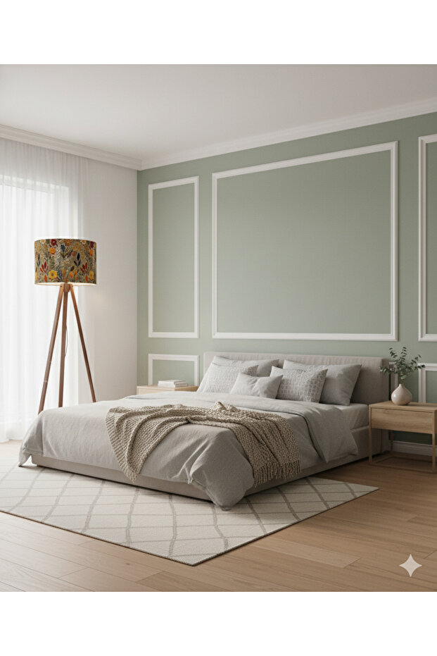 El Yapımı Sonbahar Çiçekleri Desenli Kumaş Tripod Ayaklı Lambader - 3