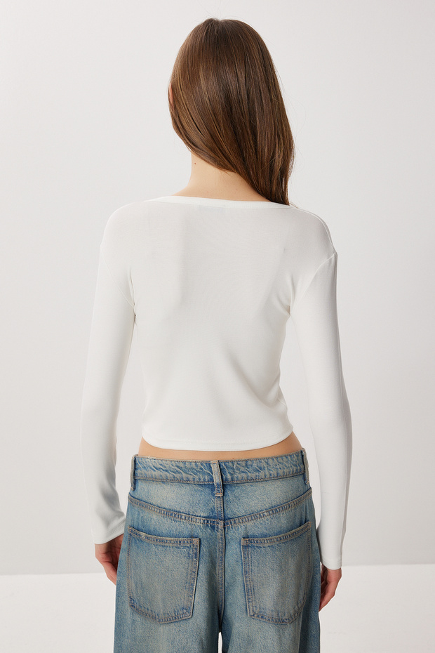 Düğmeli Basic Örme Bluz LBY0016 EKRU - 6