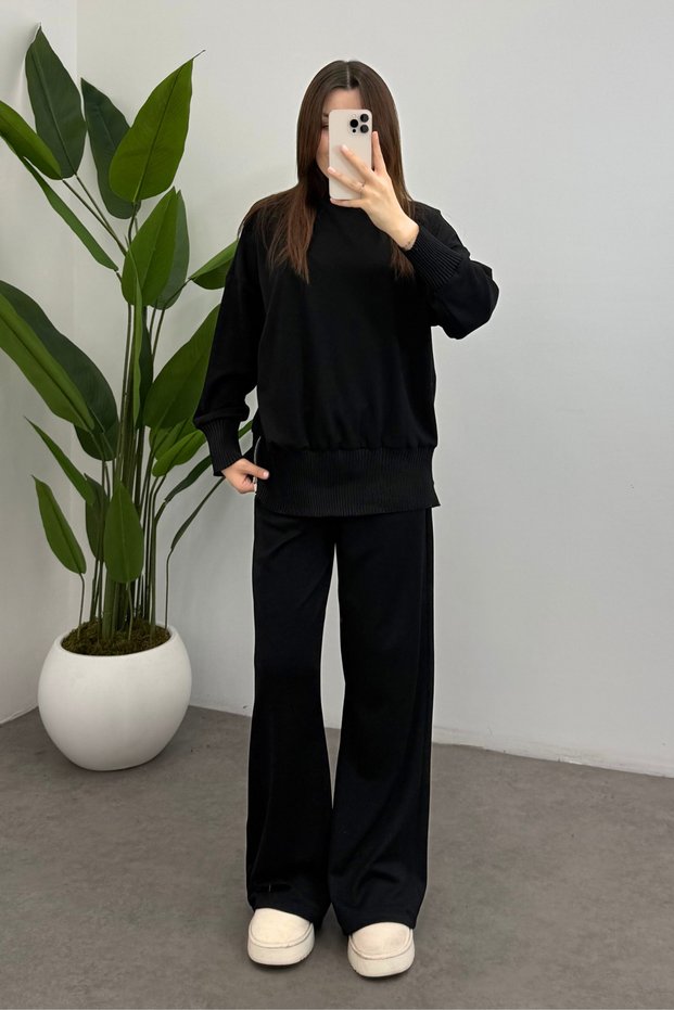 Women's Black Turtleneck Side Zipper Detailed Modal Suit