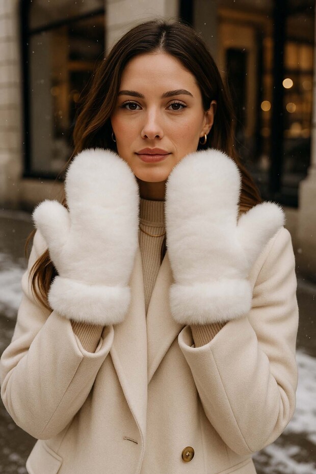 Kadın Peluş Eldiven ELD-32 Ekru - 3