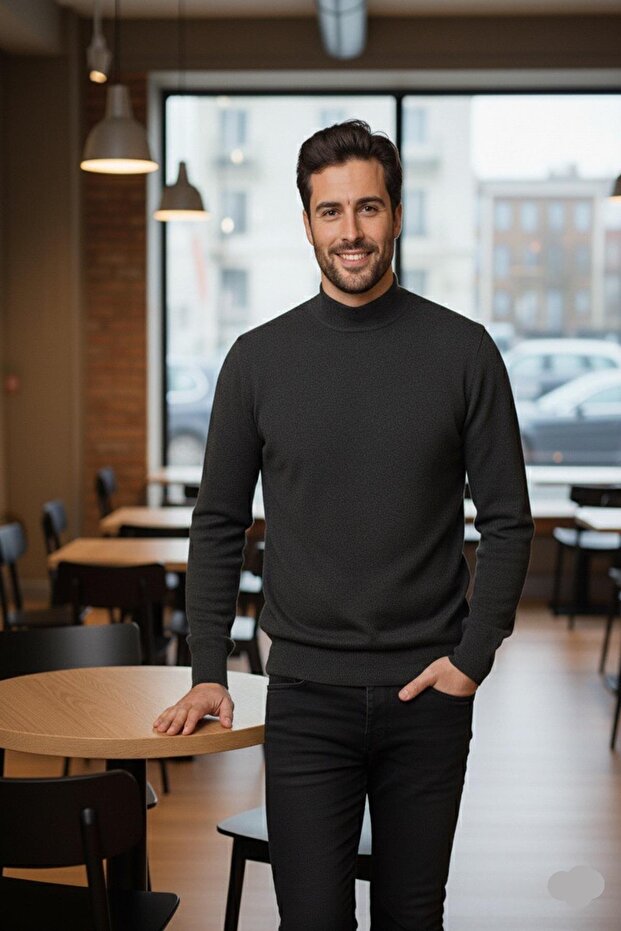 Men's Thin Wool Knitwear Regular Fit Dad Half Turtleneck High Neck Sweater Blouse 5140