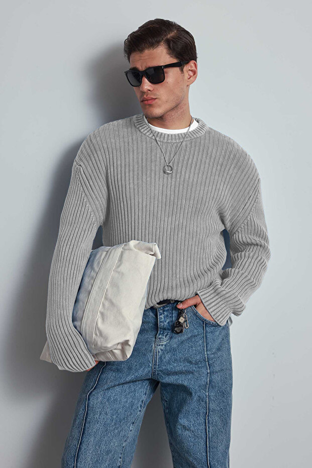 سترة رجالية قصة فضفاضة ذات تأثير قابل للغسل باللون الرمادي - 3