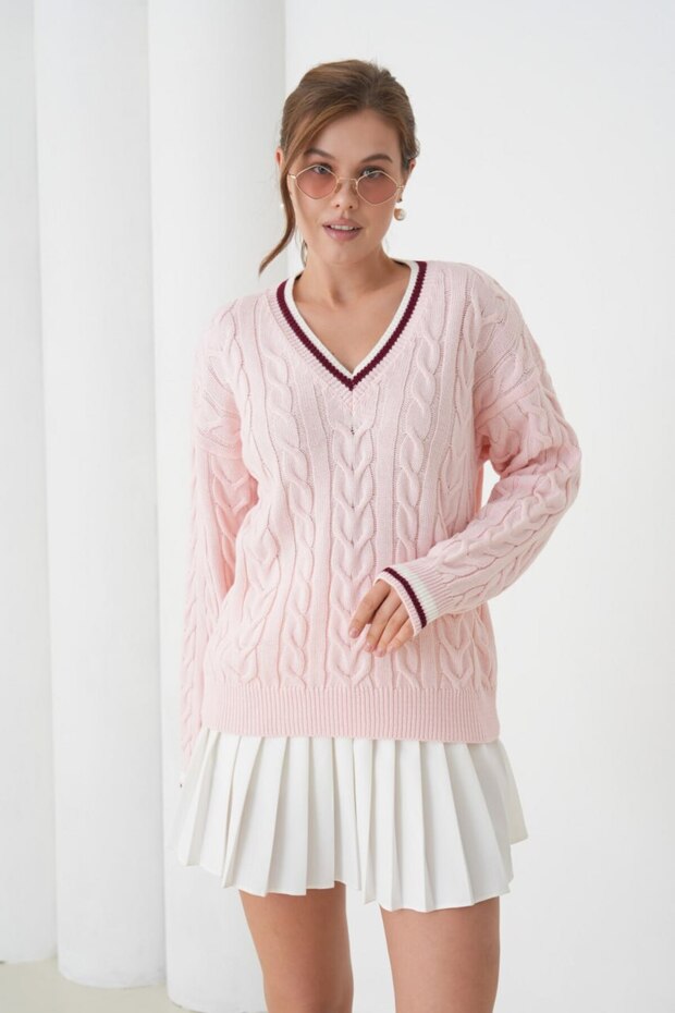 Hair Braid Detailed V-Neck Knitwear Sweater Aw25Kz0075