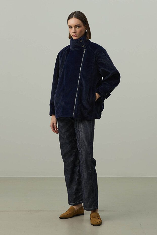 Oversize Biker Ceket Lacivert - 2