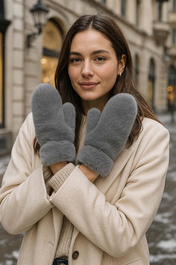 Kadın Peluş Eldiven ELD-32 Gri - 1