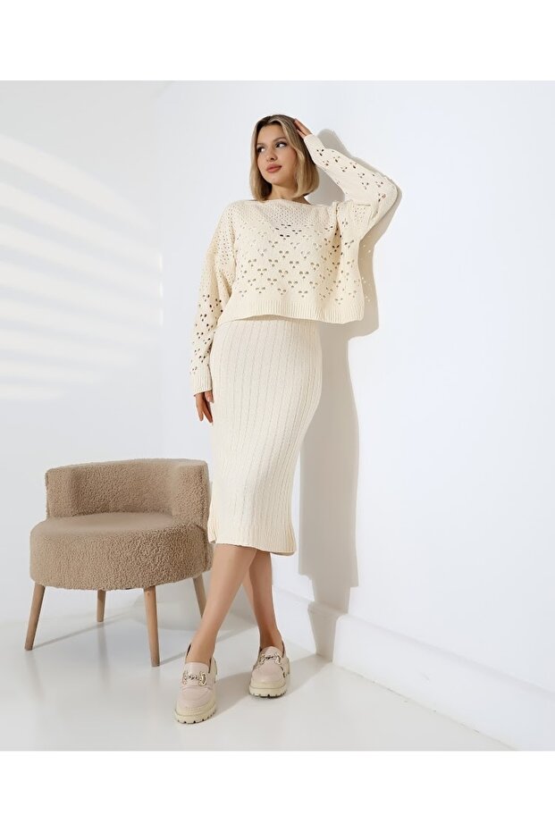 New Deux Women's Openwork Pinafore Sweater Dress Set