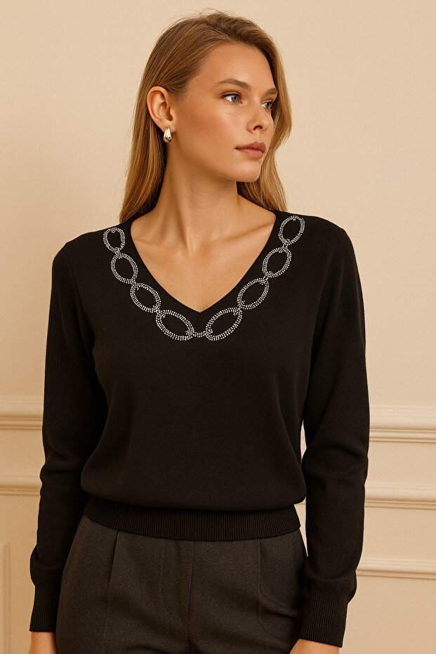 Chain Patterned Deep V-Neck Knitwear-26K74016-Black-99