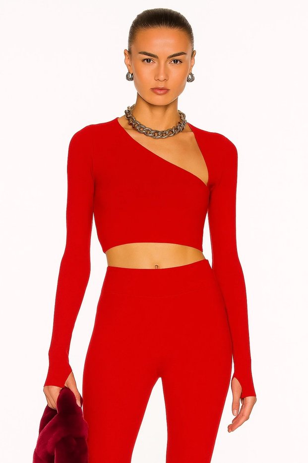 Women's Red Asymmetrical Neckline Long Sleeve Sandy Fabric Crop Top with Finger Hole Detail