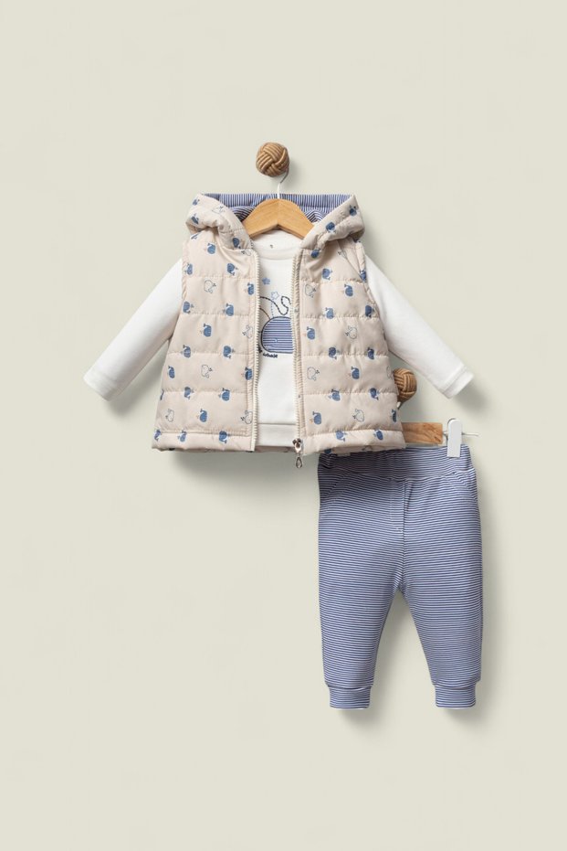My Little Whale Embroidered Baby Boy Hooded Vest & Embroidered Long Sleeve Top & Striped Bottom 3-Piece Set