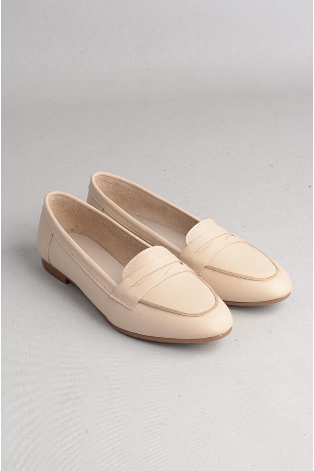 Seç 008 Genuine Leather Women's Flat Shoes Beige