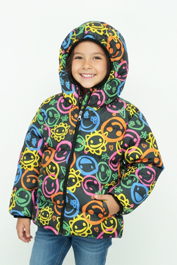 Girl's Fleece Lined-K Hooded Patterned-Zippered Coat 12358