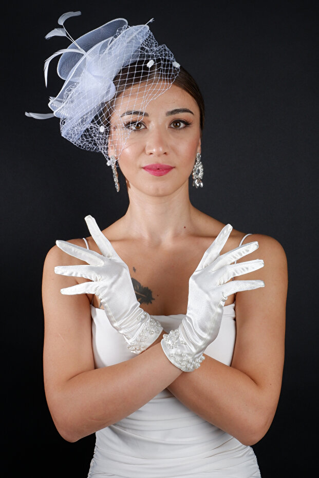 Feather Bridal Wedding Cap Accessory and Satin Wedding Gloves Set with Pearls