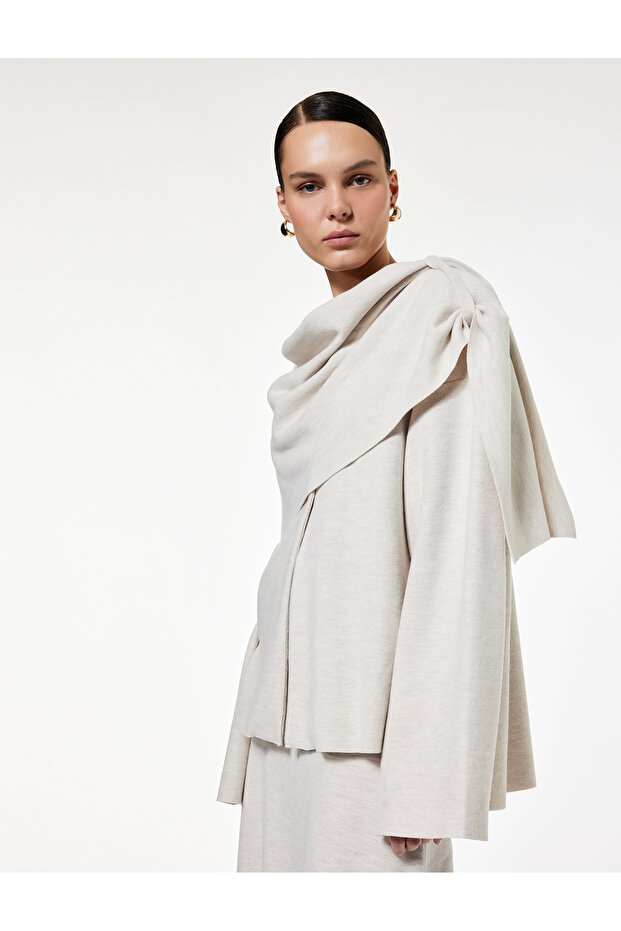 Long Flared Sleeve Buttoned Shawl Collar Scarf Cardigan