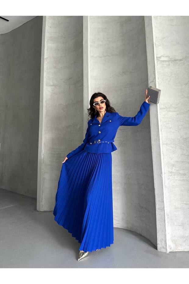 Women's Belted Gold-Buttoned Premium Jacket and Pleated Long Skirt Suit