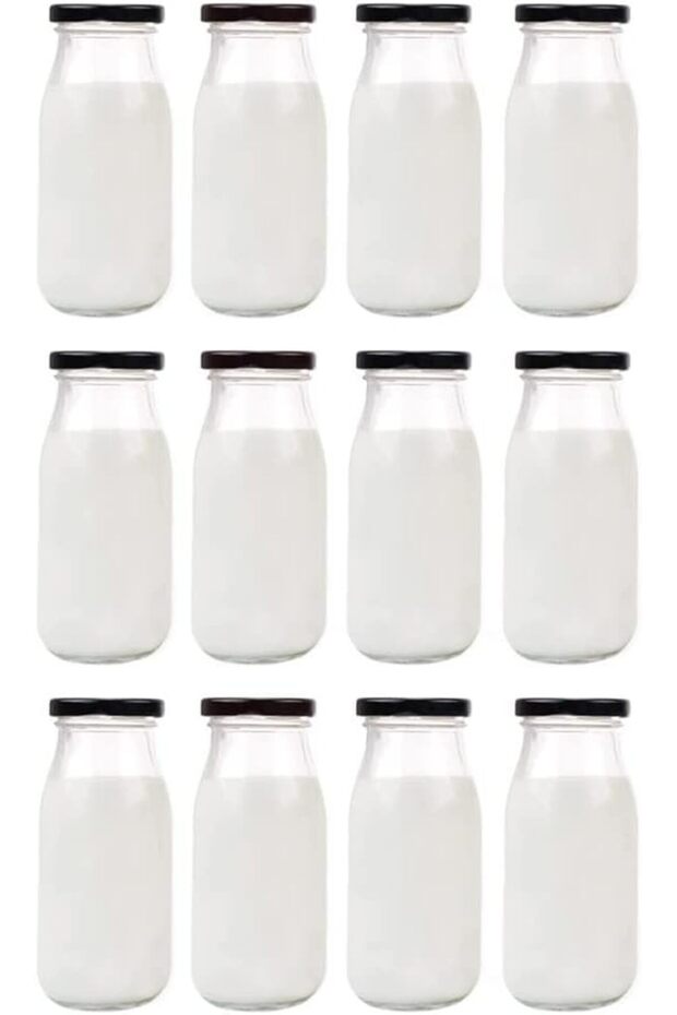 12pcs 7oz Glass Juice Bottles with Lids - Reusable Clear Milk Bottles