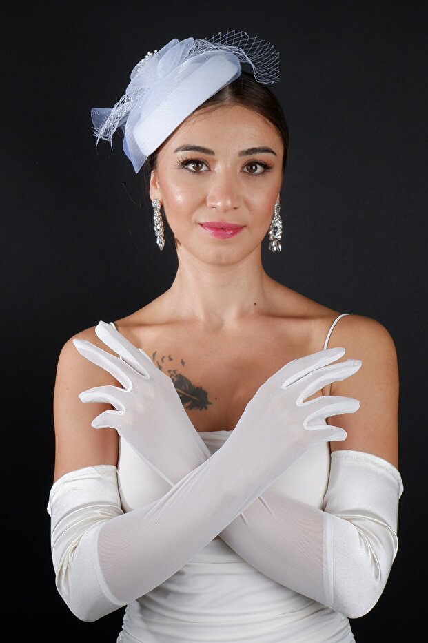 Pearl Tulle Detailed Bridal Wedding Cap Accessory and Long Wedding Gloves Set