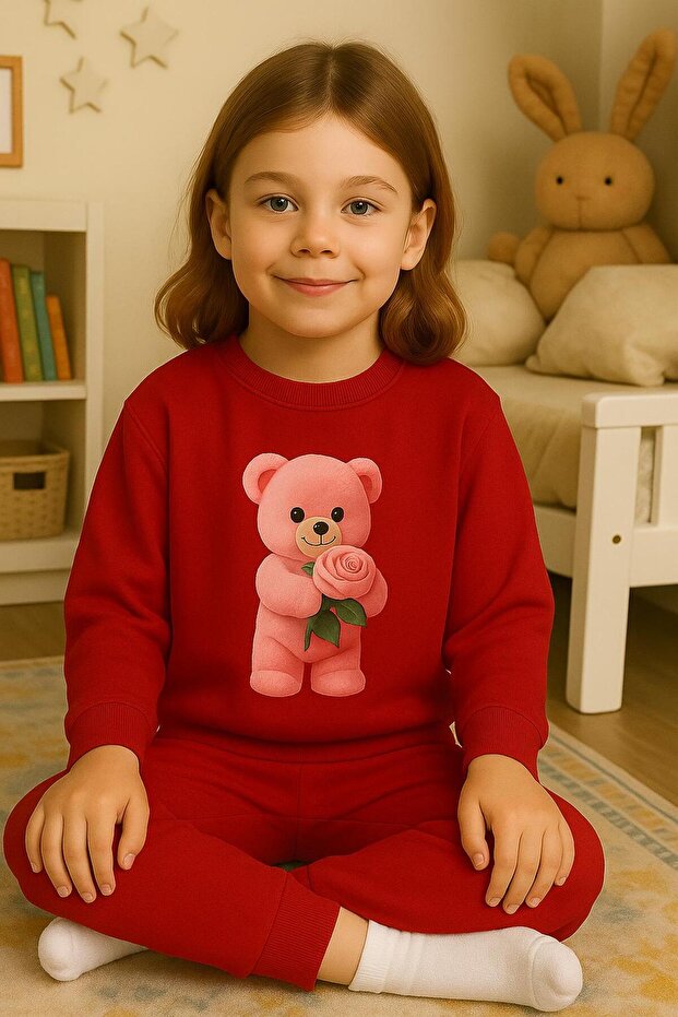 Children's Cotton Rose Pink Bear Printed Sweatshirt Set 3-4-5-6-7-8-9-10-11-12 Years
