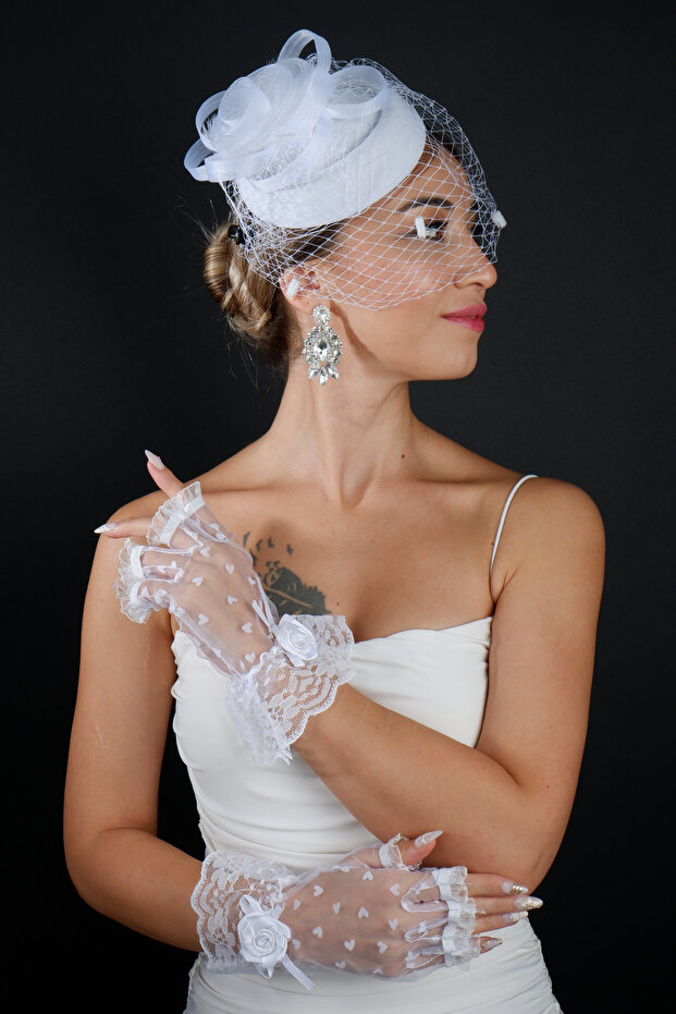 Polka Dot Tulle Mesh Bridal Wedding Veil Accessory and Heart Wedding Gloves Set
