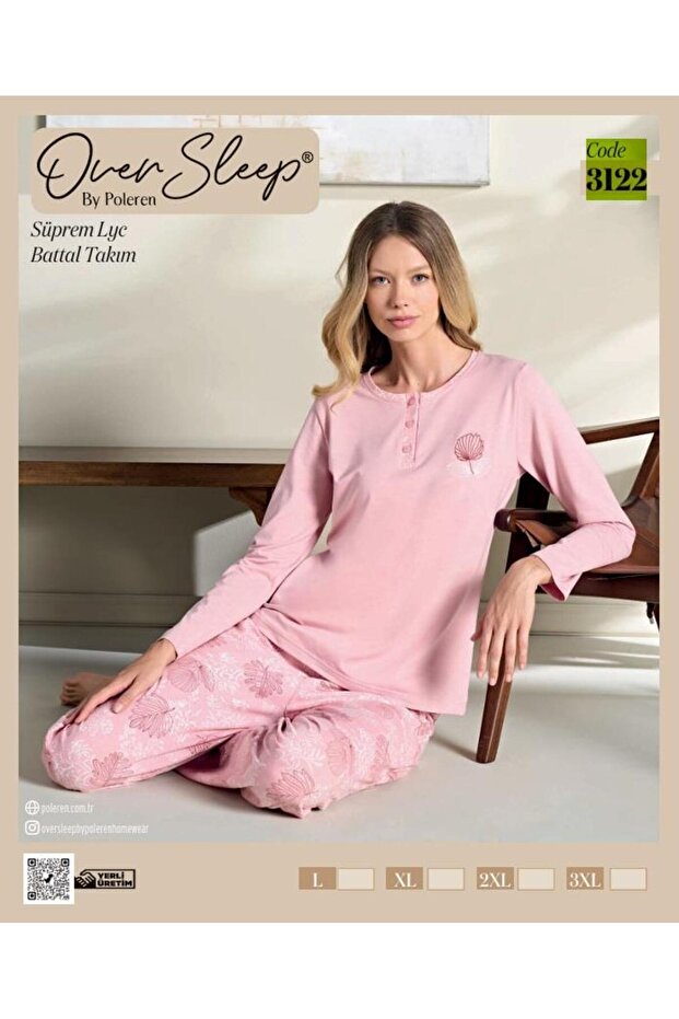 طقم بيجامة كبير الحجم من Over Sleep 3122 بنمط زهور وردية ونصف زر