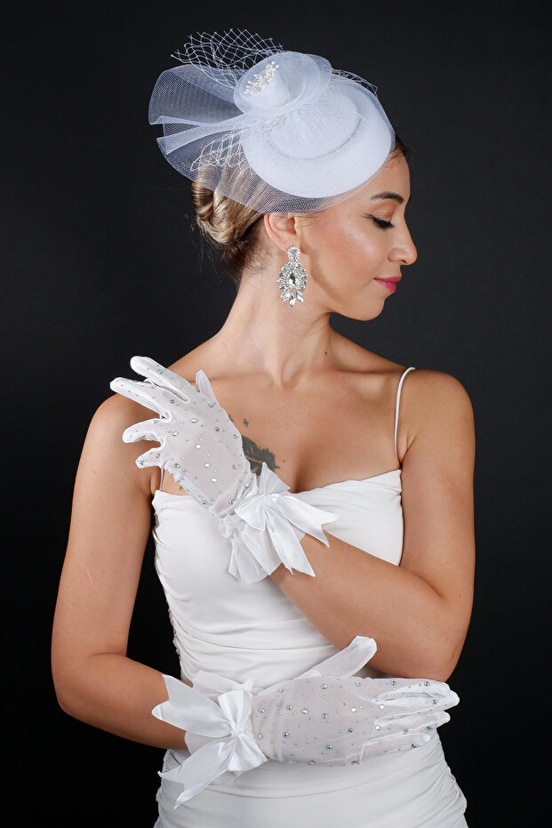 Feather Detailed Bridal Wedding Cap Accessory and Bowknot Stone Wedding Gloves Set