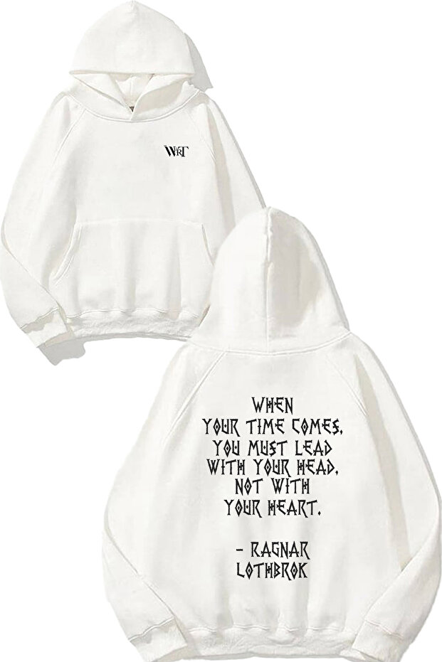 Ragnar Lothbrok Yazi Design Back Printed White Hooded Sweatshirt