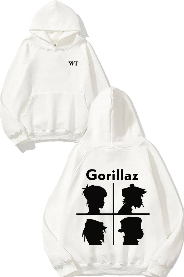 سترة Gorillaz Faces Design Back مطبوع باللون الأبيض بغطاء رأس