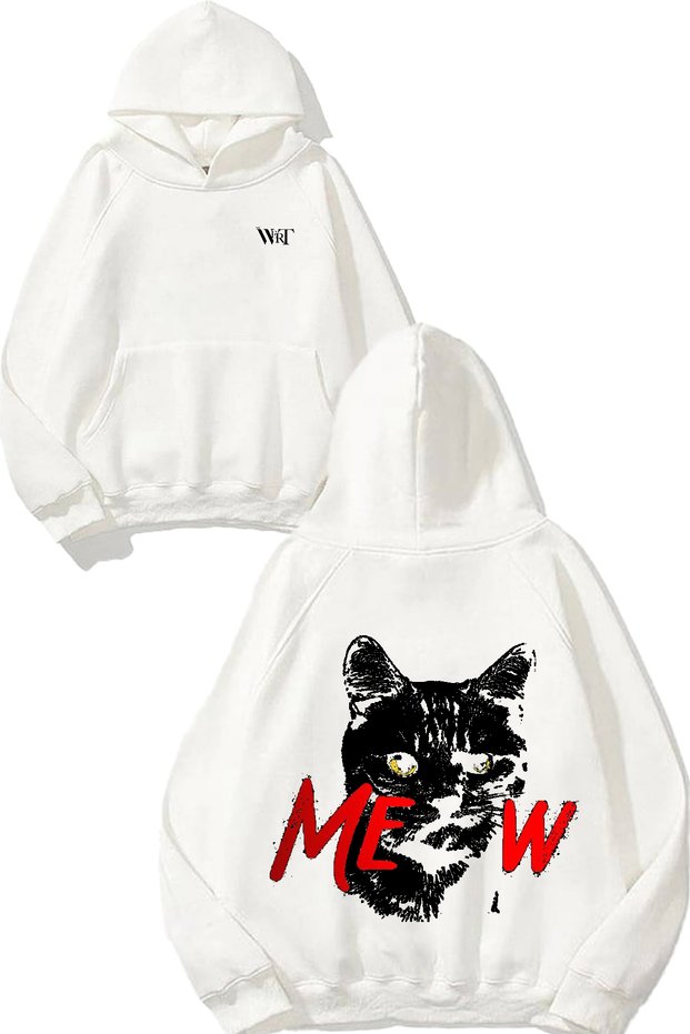The Angry Cat Meaw Design Back Printed White Hooded Sweatshirt