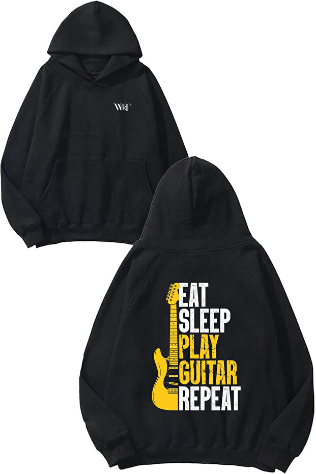 Eat Sleep Play Guitar Design Backpack Printed Black Hooded Sweatshirt