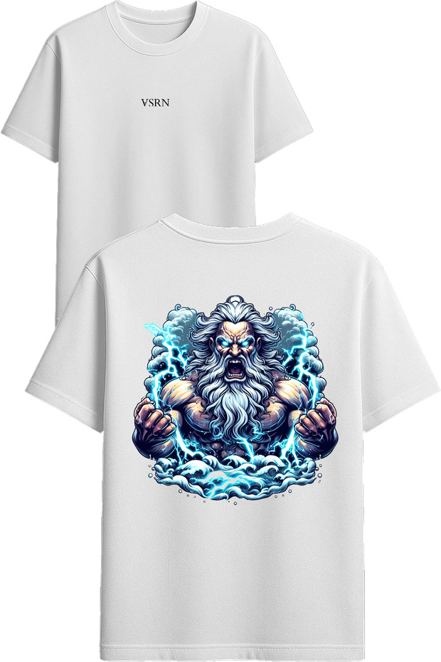 Electricity Generating Man Design Printed White Oversized T-Shirt