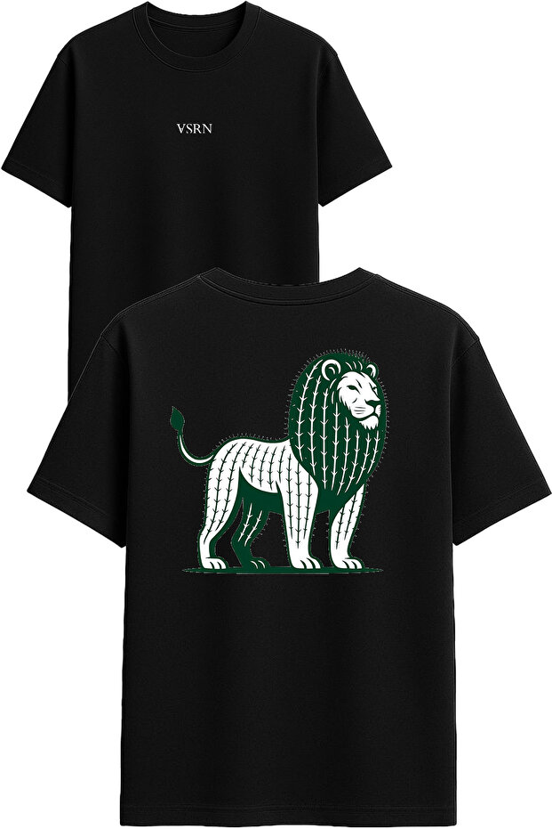 Lion Cactus Design Printed Black Oversized t Shirt