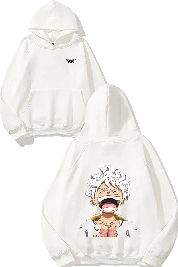 سويت شيرت بتصميم One Piece Laughing Luffy مطبوع أبيض بغطاء رأس