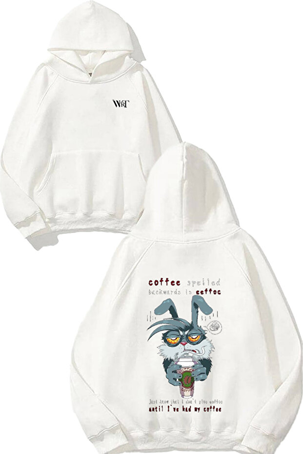 Coffee Spelled Design Back Printed White Hooded Sweatshirt