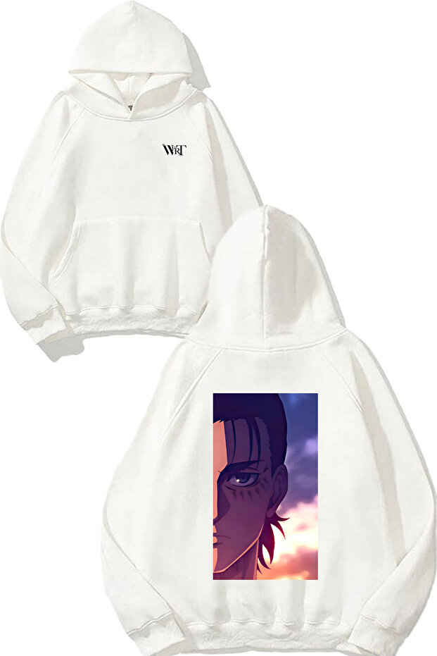 سويت شيرت Attack On Titan Sad Design Back مطبوع أبيض بغطاء رأس
