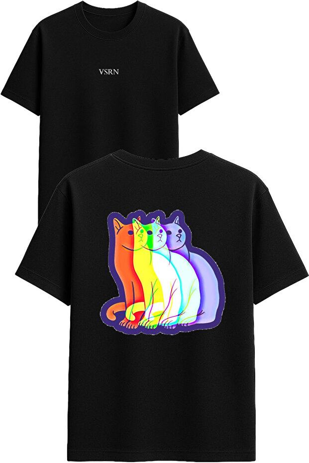 3D Cat Design Printed Black Oversized t Shirt