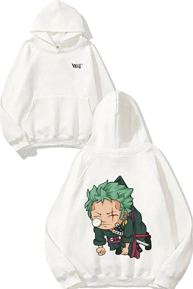 One Piece Small Zoro Design Backpack Printed White Hooded Sweatshirt