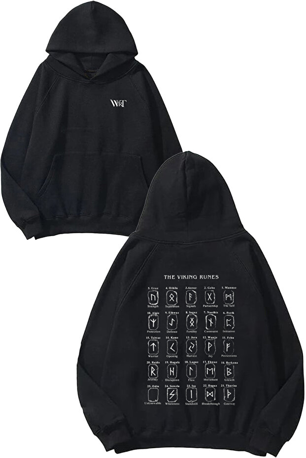The Viking Runes Design Back Printed Black Hooded Sweatshirt