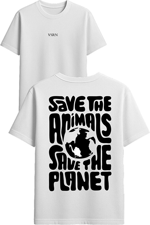 Save the Animals Design Printed White Oversized T-Shirt