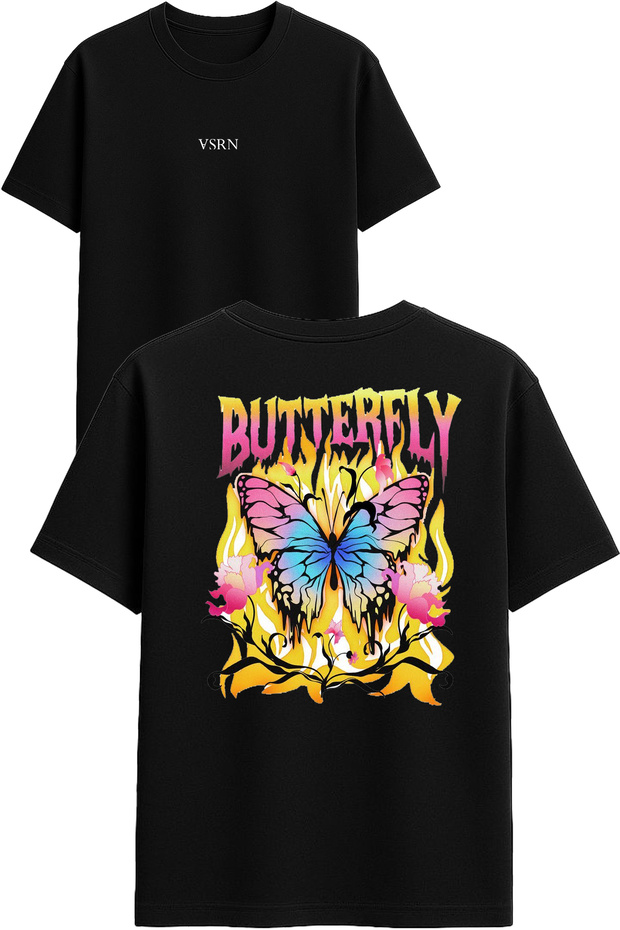 Butterfly Sensation Design Printed Black Oversized t Shirt