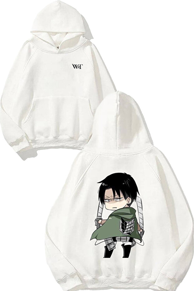 سويت شيرت Attack On Titan Levi Mini Design Back مطبوع أبيض بغطاء رأس