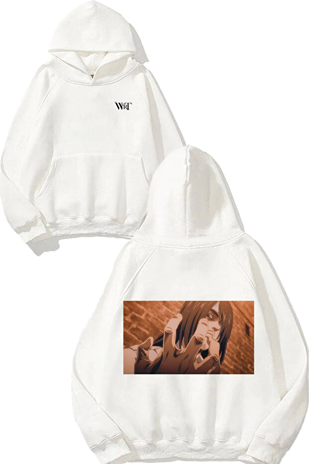 سويت شيرت Attack On Titan Hand Design Back مطبوع أبيض بغطاء رأس