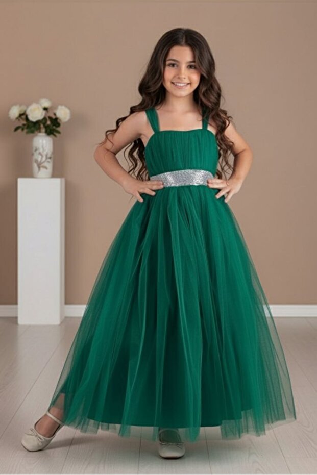 Sequined Belted Full Length Children's Evening Dress Aby240
