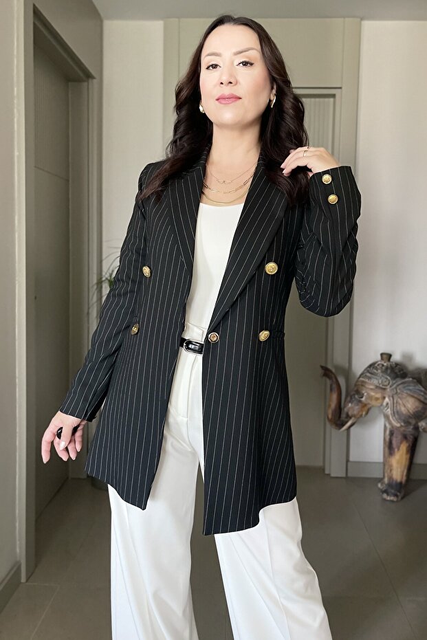 Gold Button Detailed Striped Blazer Jacket