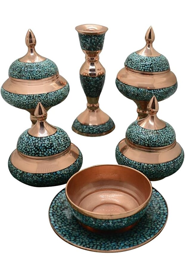 Set of 7Pcs Handmade Copperware Firouze Kubi Dishes Turquoise Inlaying-B0DYYRFQBC (7 Pcs)
