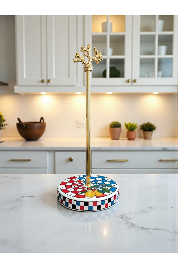 Paper Towel Holder Roll Napkin Holder Kitchen Accessory Ceramic Checkered Lemon Pattern Gold - Feray Home