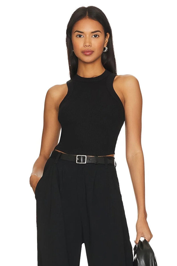 Women's Black Crew Neck Zero Sleeve Double Layer Sandy Fabric Bodycon Basic Crop Top